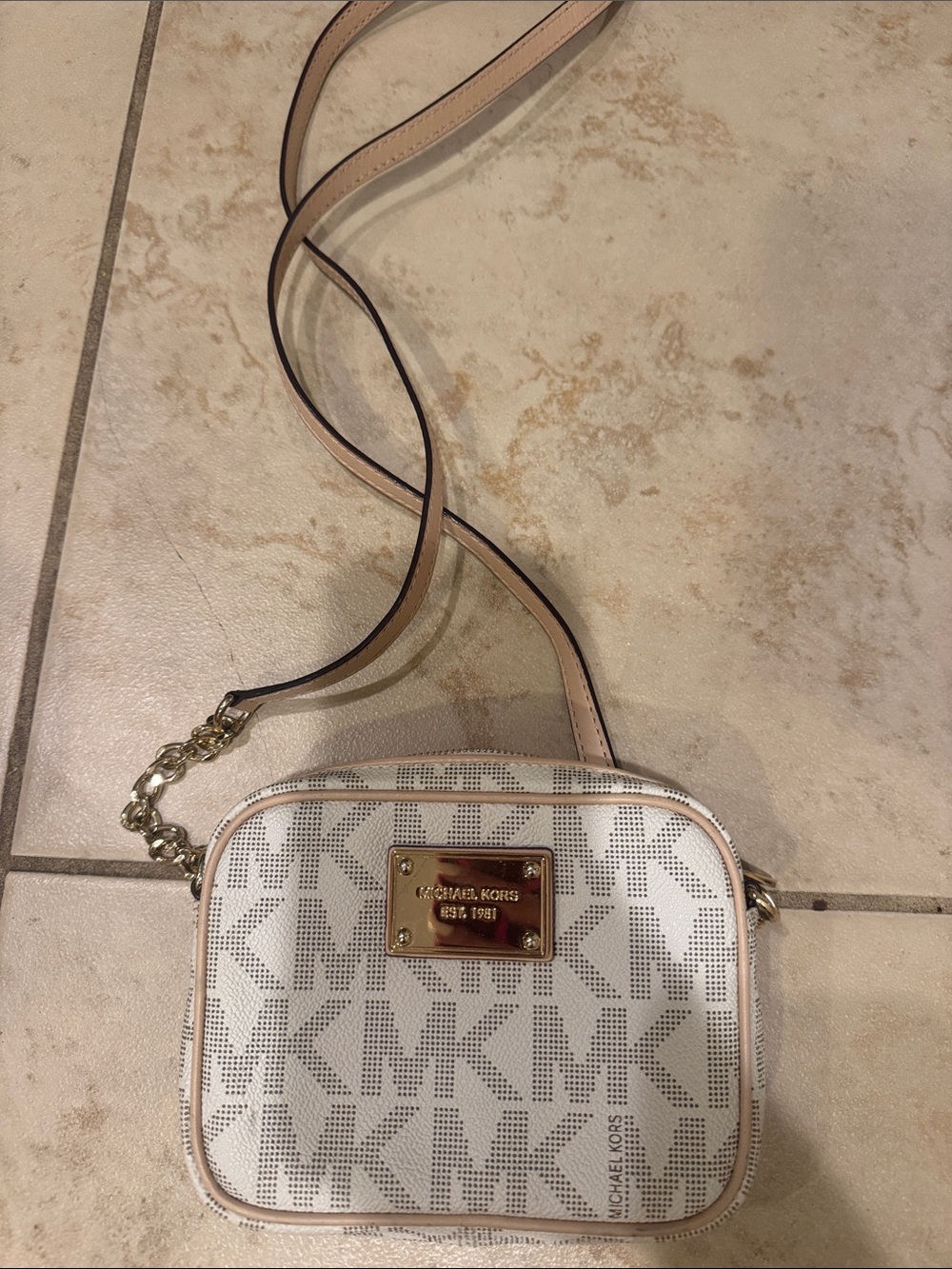 Michael Kors Cream and Gold MK Logo Crossbody Bag